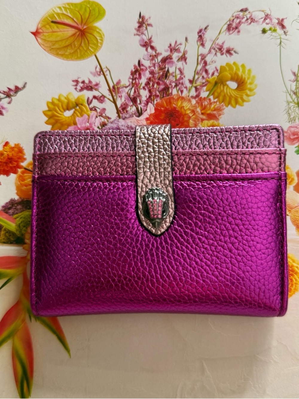 Kurt Geiger Metallic Fuchsia Leather Card Wallet with Gold Strap - Picture 14 of 15